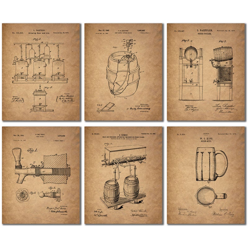 BigWig Prints Beer Patent Wall Art Prints - Set Of 6 (8 Inches By 10 Inches) Vintage Bar Photos - Image 1